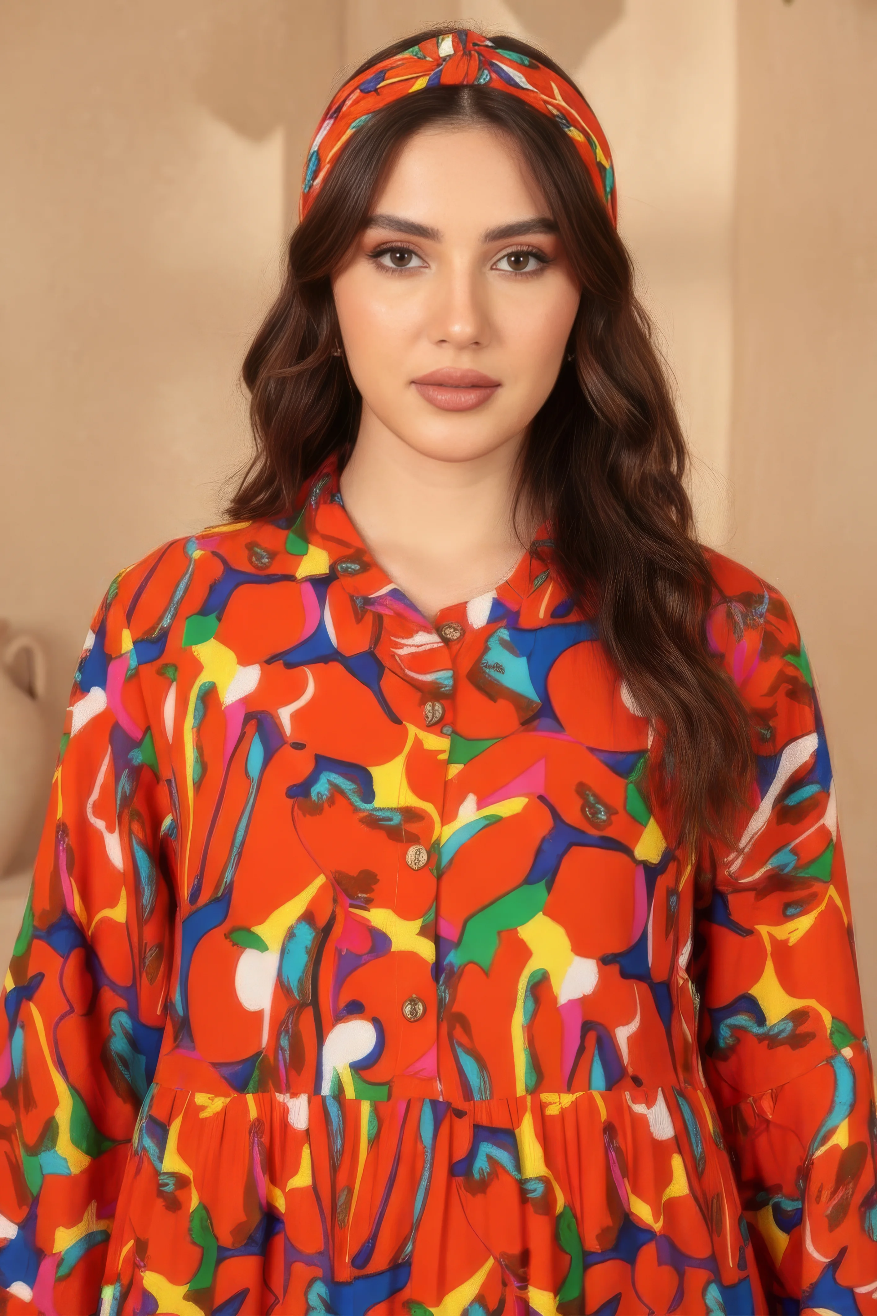 فستان طويل منقوش بأزرار