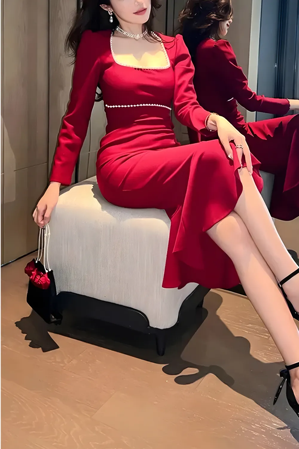 فستان سهرة ميدي بياقة مربعة